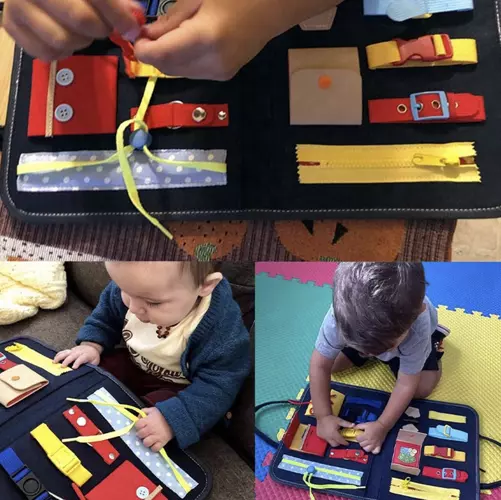 Babák érdekes érzékszervfejlesztő matató táskája sok zsebbel és színes kiegészítőkkel - mérete: 28 x 33 x 2 cm (WNDR23618) - Image 4